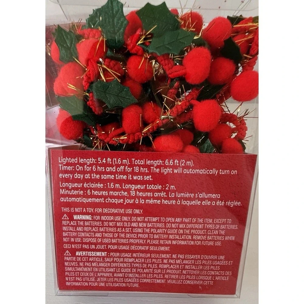 Lot (2) Ashland Christmas Berry Garland String Lights 5.4 Ft LED Battery Timer